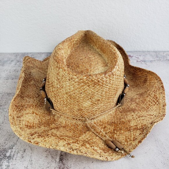 Vintage Straw Hat Cowboy Cowgirl Western Bohemian Unisex size M Resort Beaded - Picture 3 of 10
